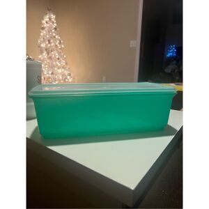 Large green Tupperware clear lid 14in long x 5in tall x 6in wide.